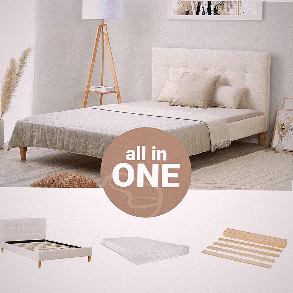 Polsterbett 140x200 mit Matratze Doppelbett Bouclé Beige Bettgestell Homestyle4u
