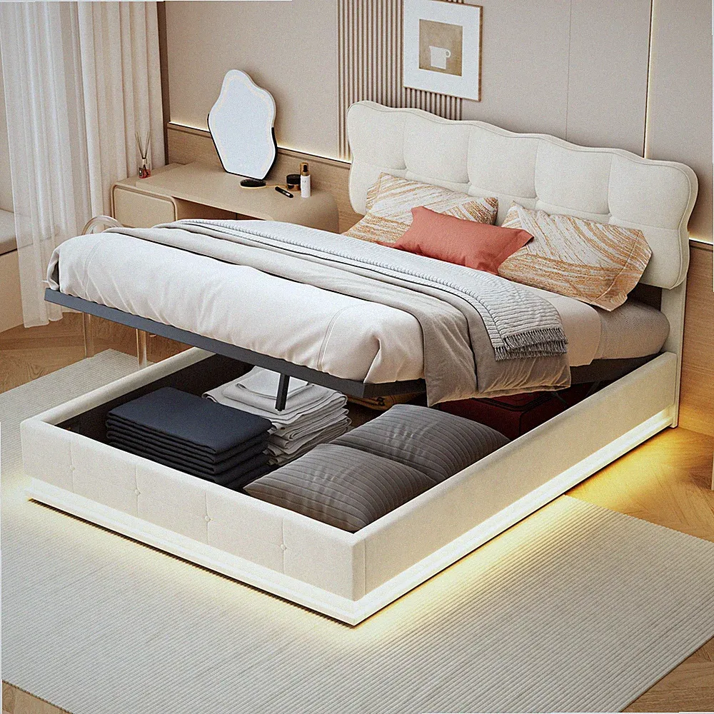 Polsterbett 140x200 mit Stauraum, LED Bettgestell mit Lattenrost Doppelbett Bett