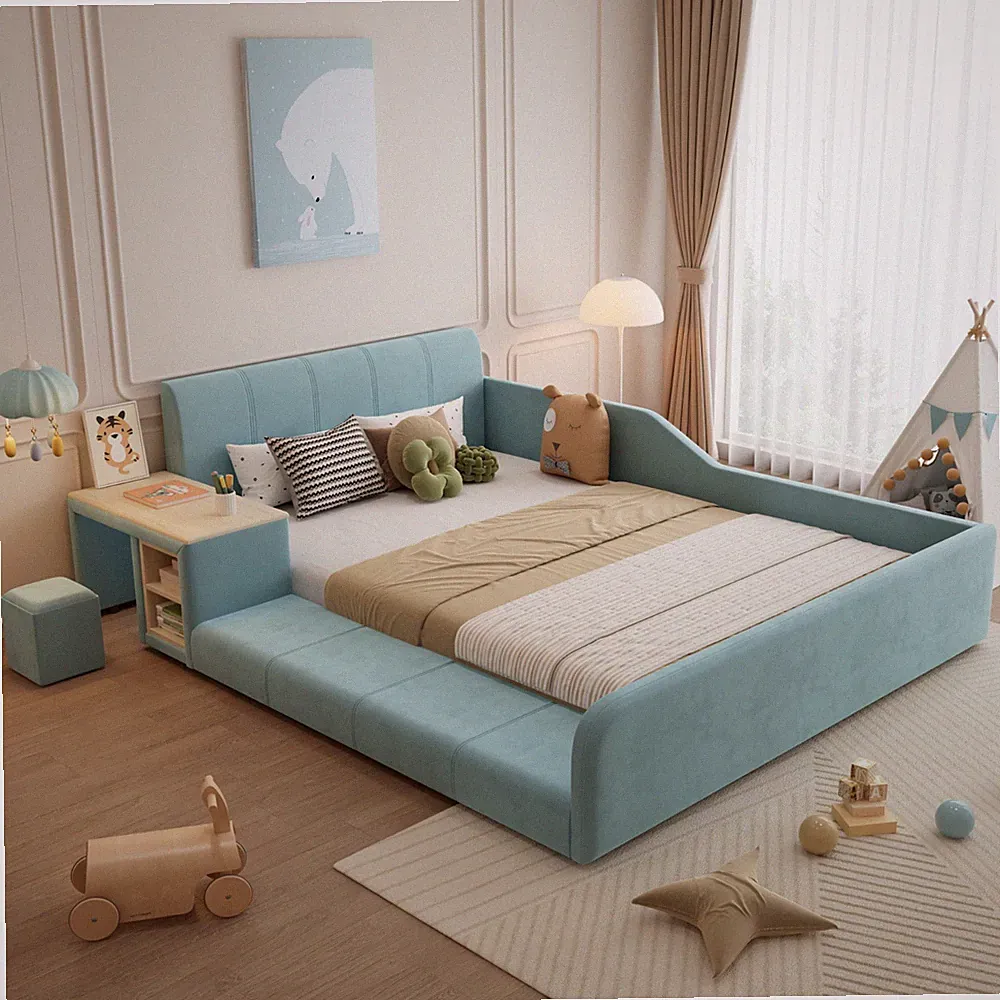 Polsterbett 140x200 Samt Blau mit Schreibtisch Hocker Stauraum Kinderbett