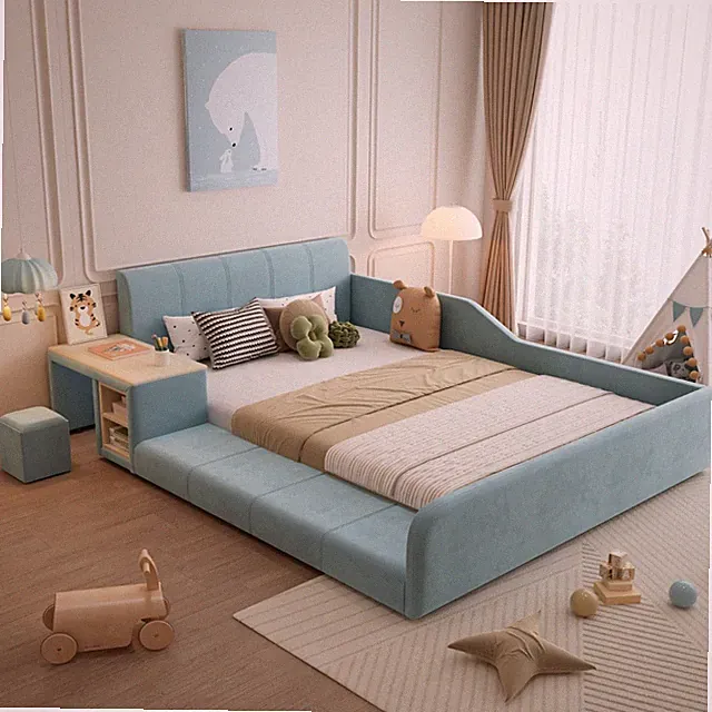 Polsterbett 140x200 Samt Blau Schreibtisch Hocker Lattenrost Kopfteil 3 Pakete