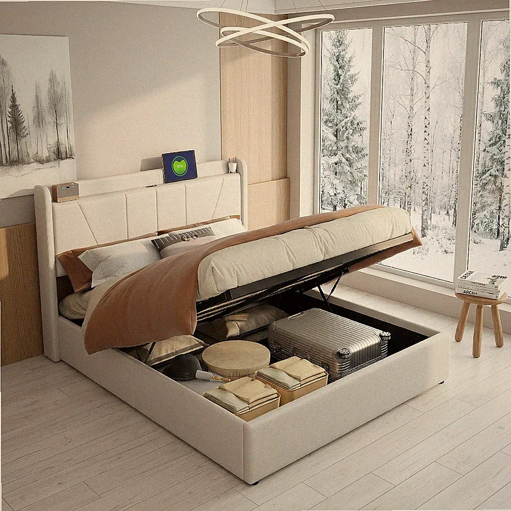 Polsterbett 140x200cm Bettgestell mit Lattenrost USB LED Stauraumbett Doppelbett