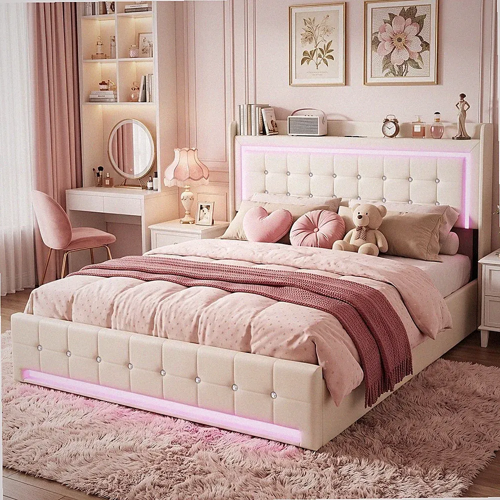 Polsterbett 140x200cm Boxspringbett Doppelbett mit LED und USB Ladefunktion Holz
