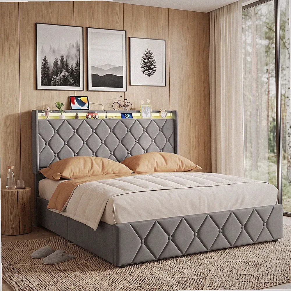 Polsterbett 140x200cm Doppelbett Bettgestell mit Bettkasten LED-Licht/USB Modern