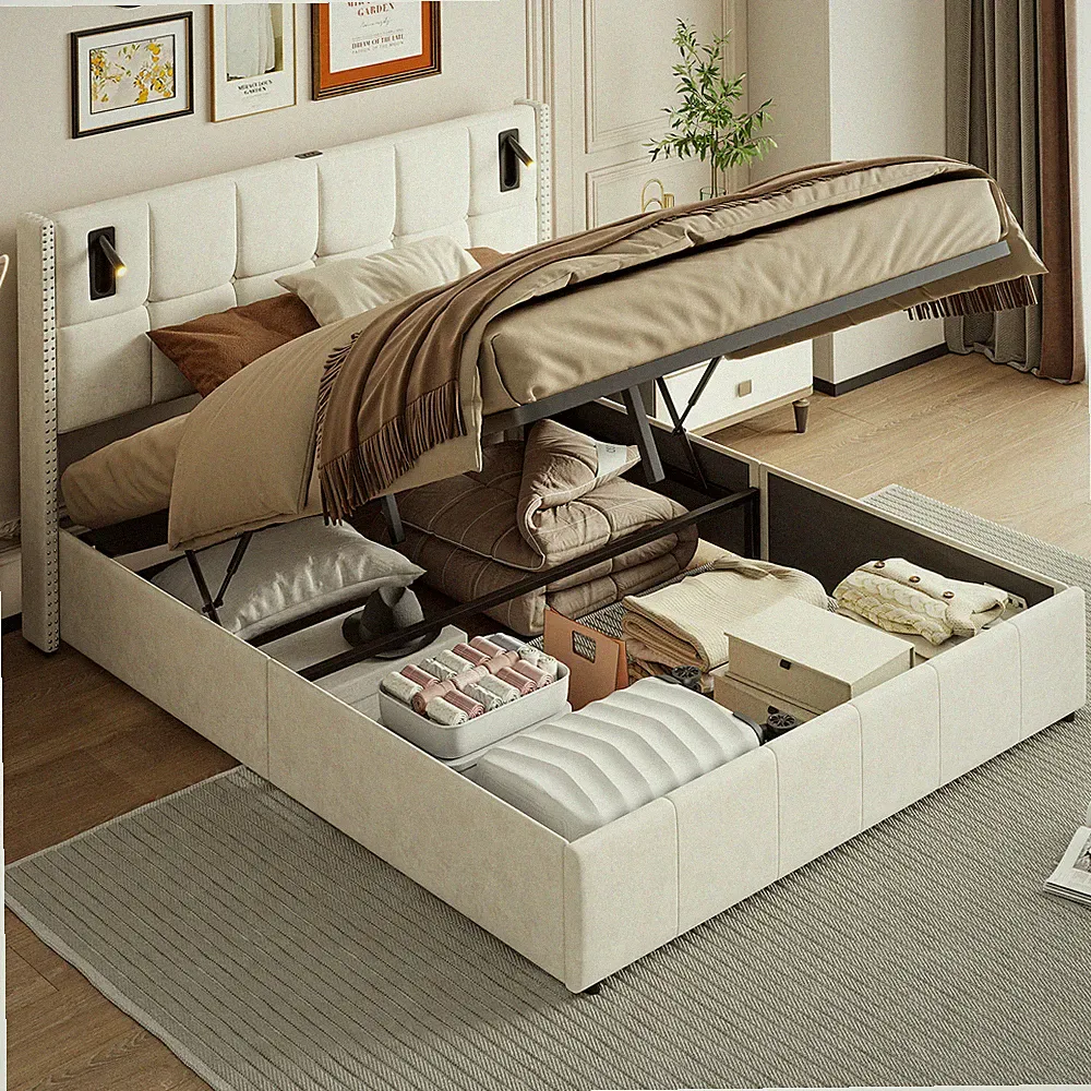 Polsterbett 140x200cm Doppelbett Bettgestell mit Bettkasten LED/USB Lattenrost