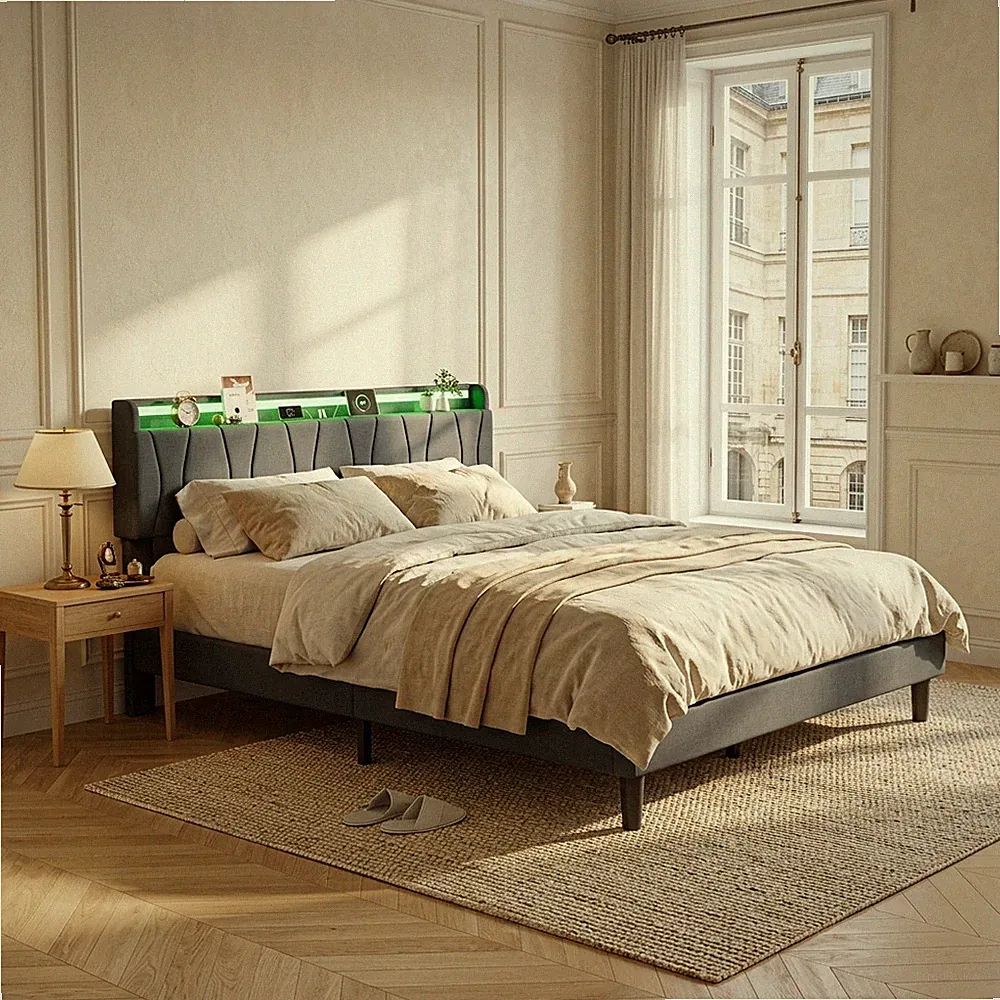 Polsterbett 140x200cm Doppelbett Bettgestell mit Lattenrost LED Polsterkopfteil