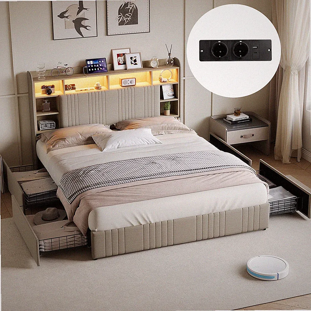 Polsterbett 140x200cm Doppelbett Bettgestell mit Stauraum Lattenrost LED Bett
