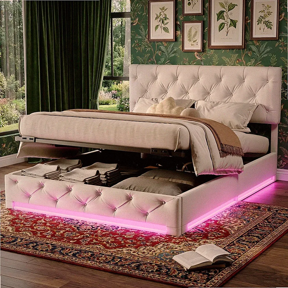 Polsterbett 140x200cm Doppelbett Bettkasten Stauraumbett mit LED und Lattenrost