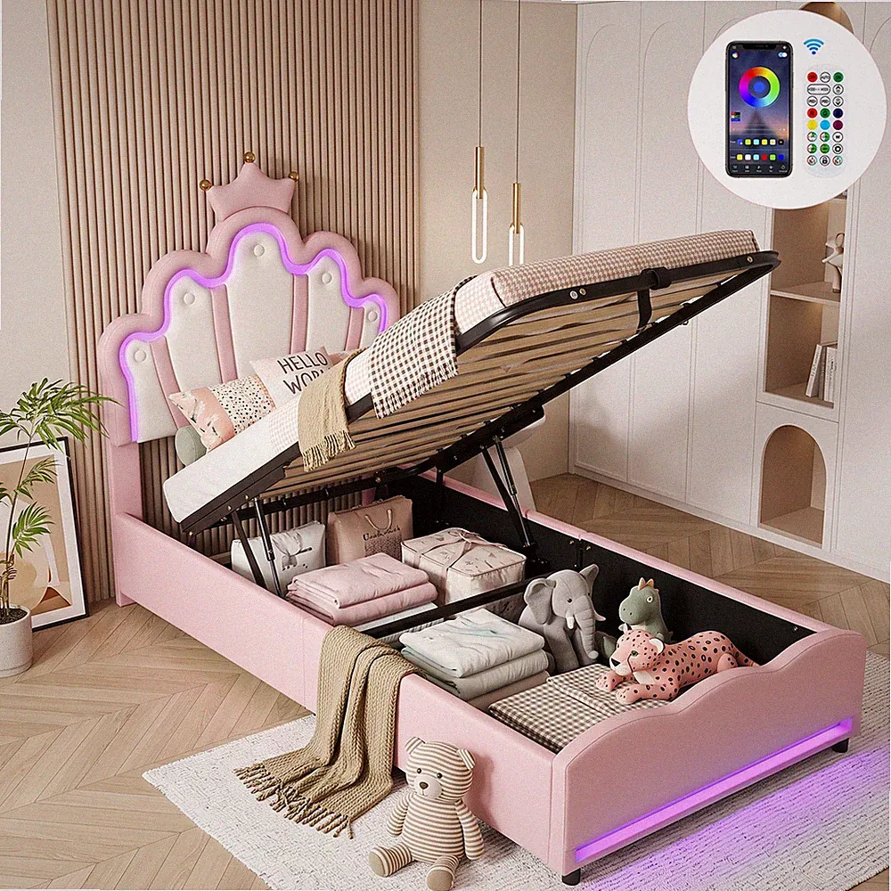 Polsterbett 140x200cm Doppelbett / Einzelbett mit LED Kinderbett im Krone-Design