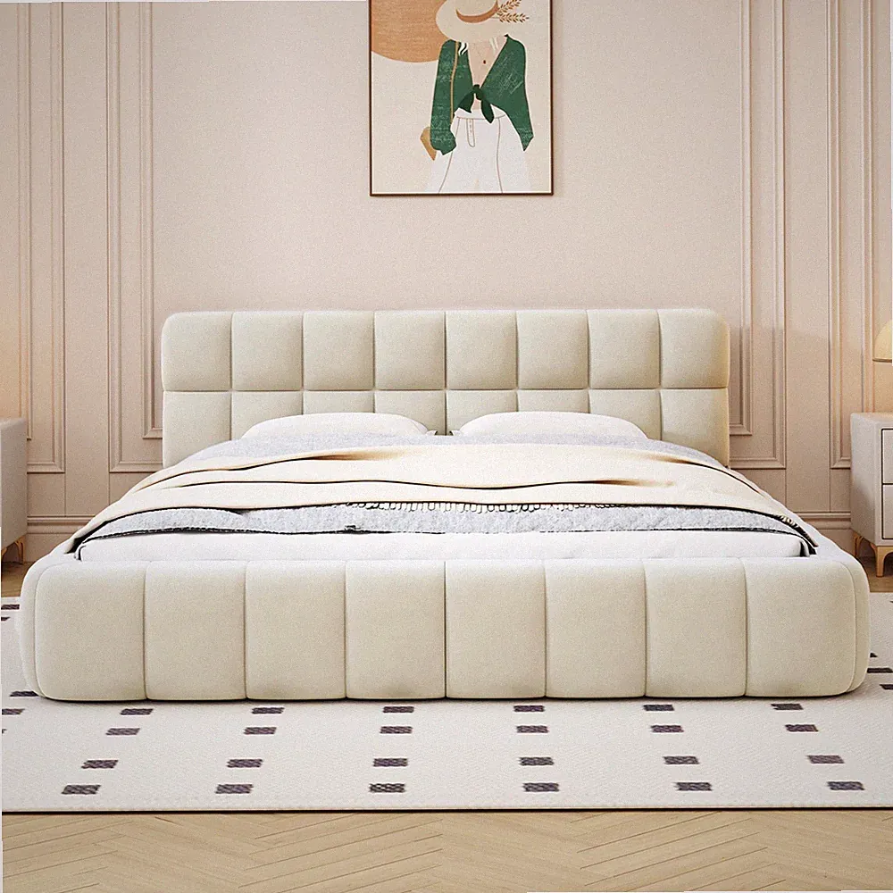 Polsterbett 140x200cm Doppelbett Jugendbett Bettgestell Bett mit LattenrostBeige