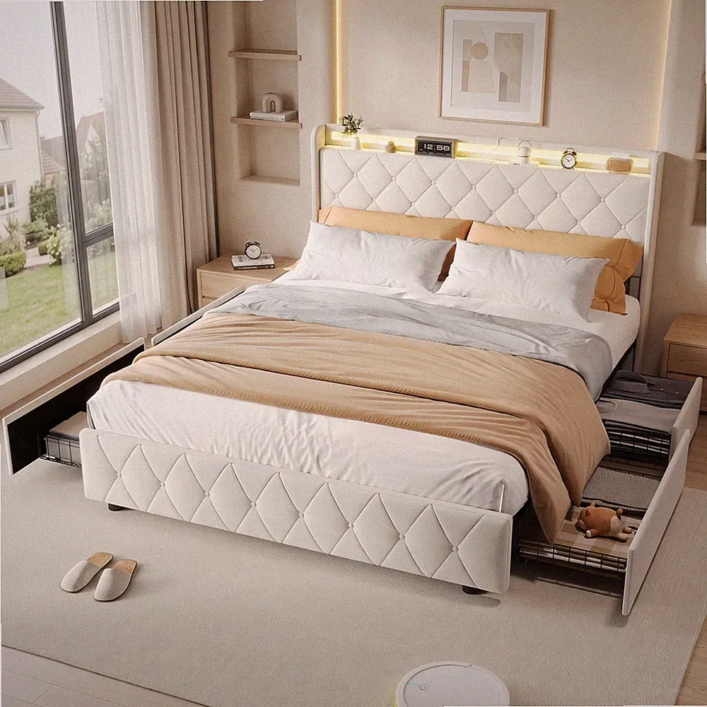 Polsterbett 140x200cm Doppelbett LED/USB Stauraumbett mit Schubladen Bettgestell