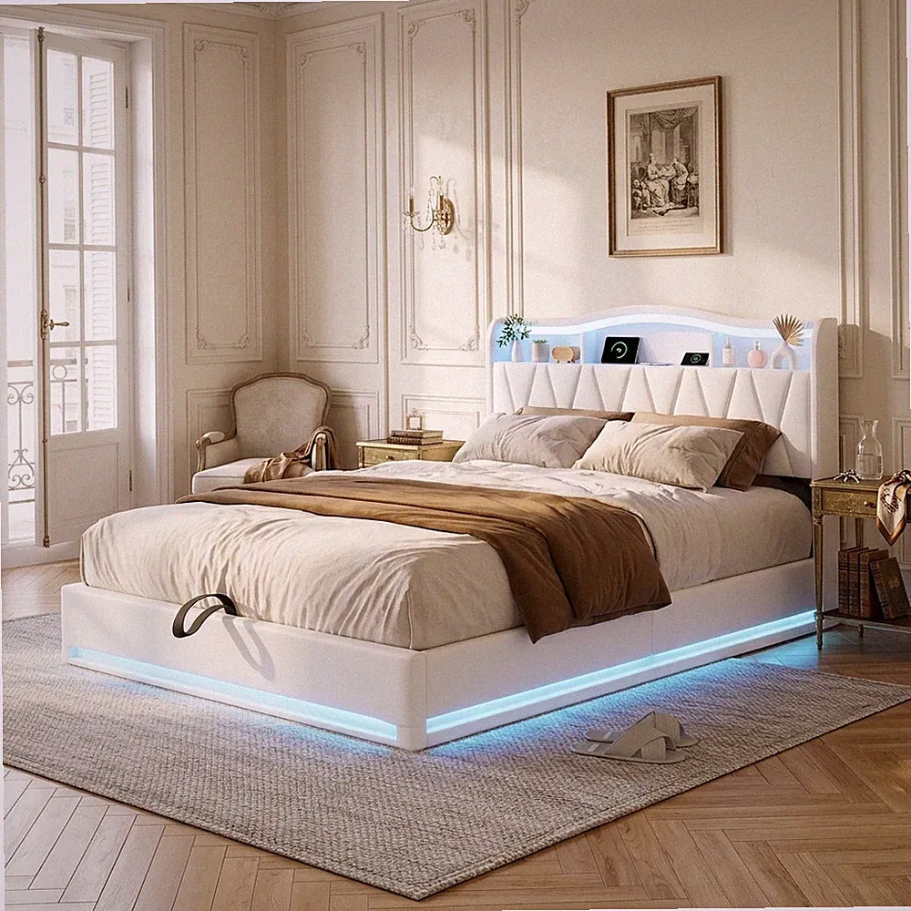 Polsterbett 140x200cm Doppelbett mit Bettkasten LED Licht USB-Port Stauraumbett