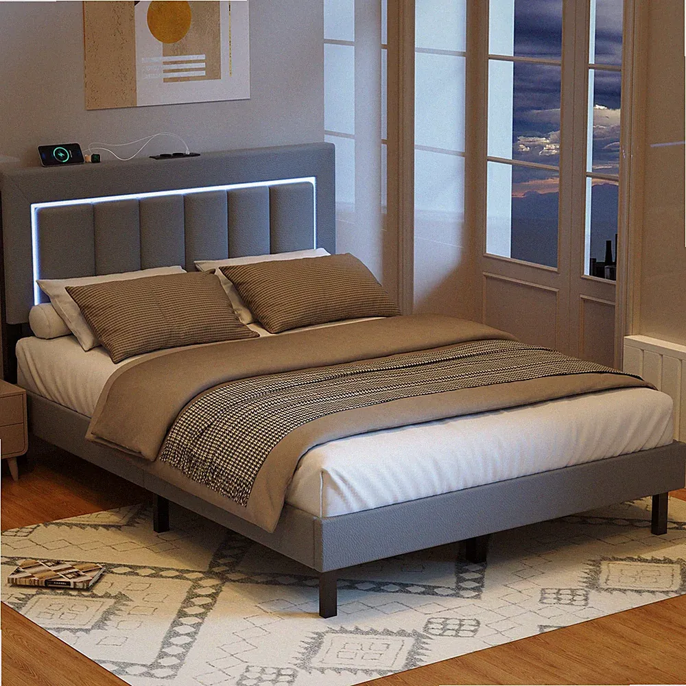 Polsterbett 140x200CM Doppelbett mit Höhenverstellbares Kopfteil Bettgestell LED