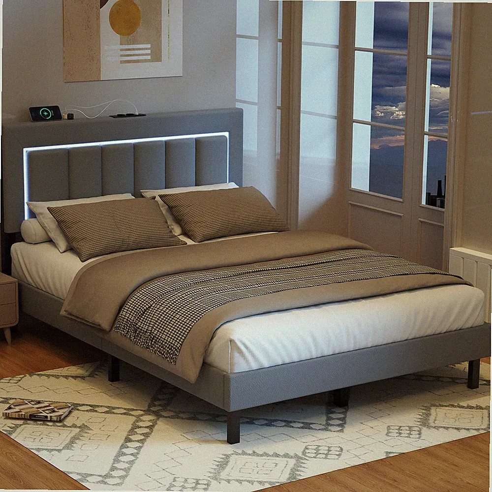Polsterbett 140x200CM Doppelbett mit Höhenverstellbares Kopfteil Bettgestell LED