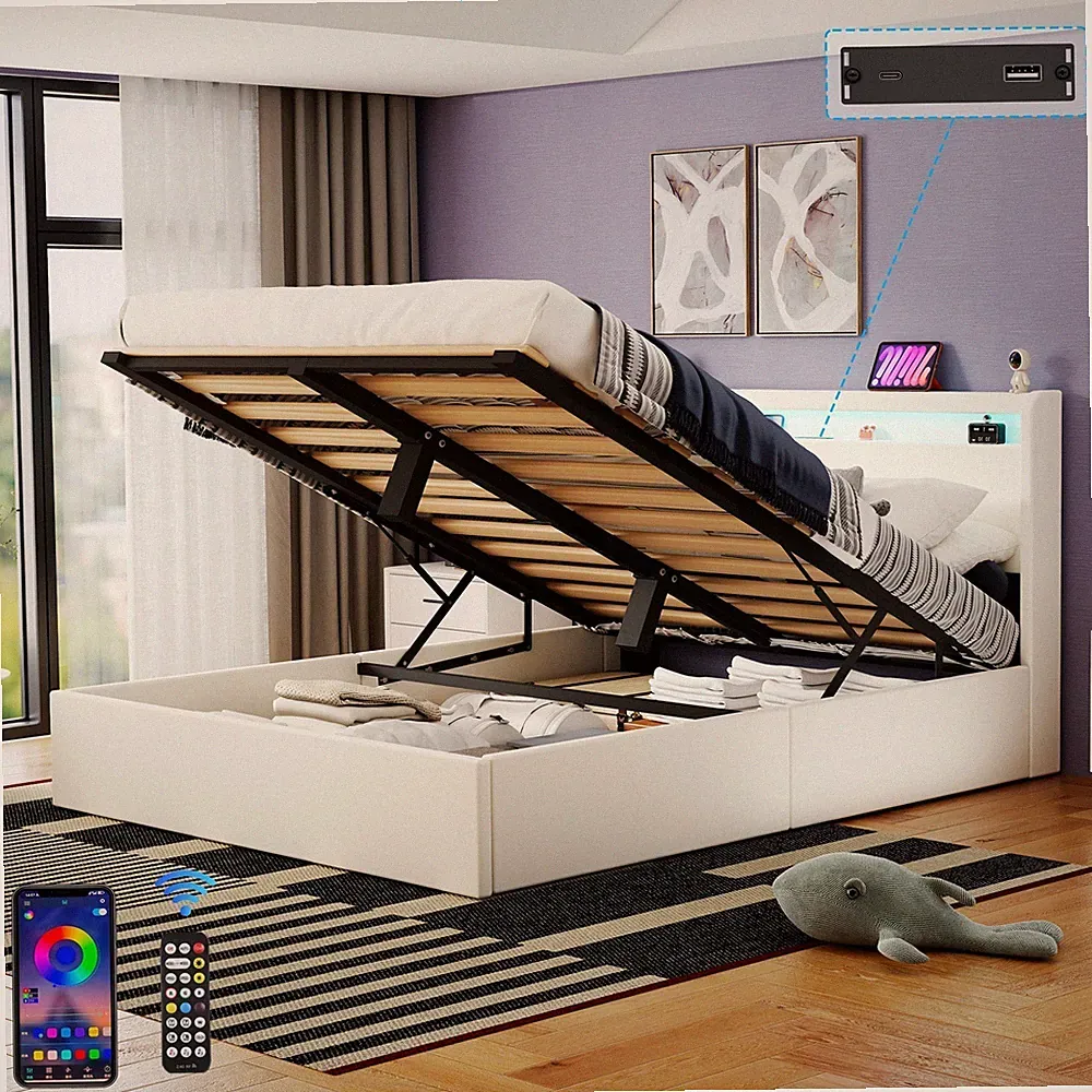 Polsterbett 140x200cm Doppelbett mit LED-Beleuchtung USB Ladefunktion Bettrahmen