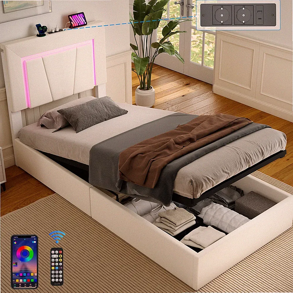 Polsterbett 140x200CM Doppelbett mit LED-Beleuchtung USB Ladestation Bettgestell