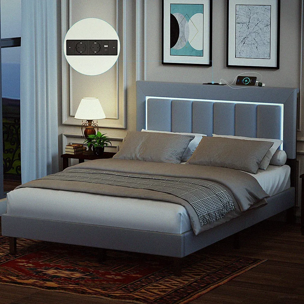Polsterbett 140x200cm Doppelbett mit LED Kopfteil Bettgestell Lattenrost - Hrmvj