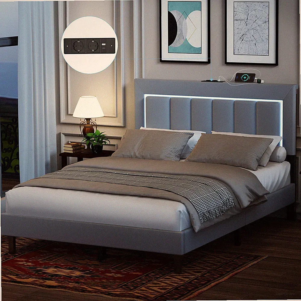 Polsterbett 140x200cm Doppelbett mit LED Kopfteil Bettgestell Lattenrost - Hrmvj
