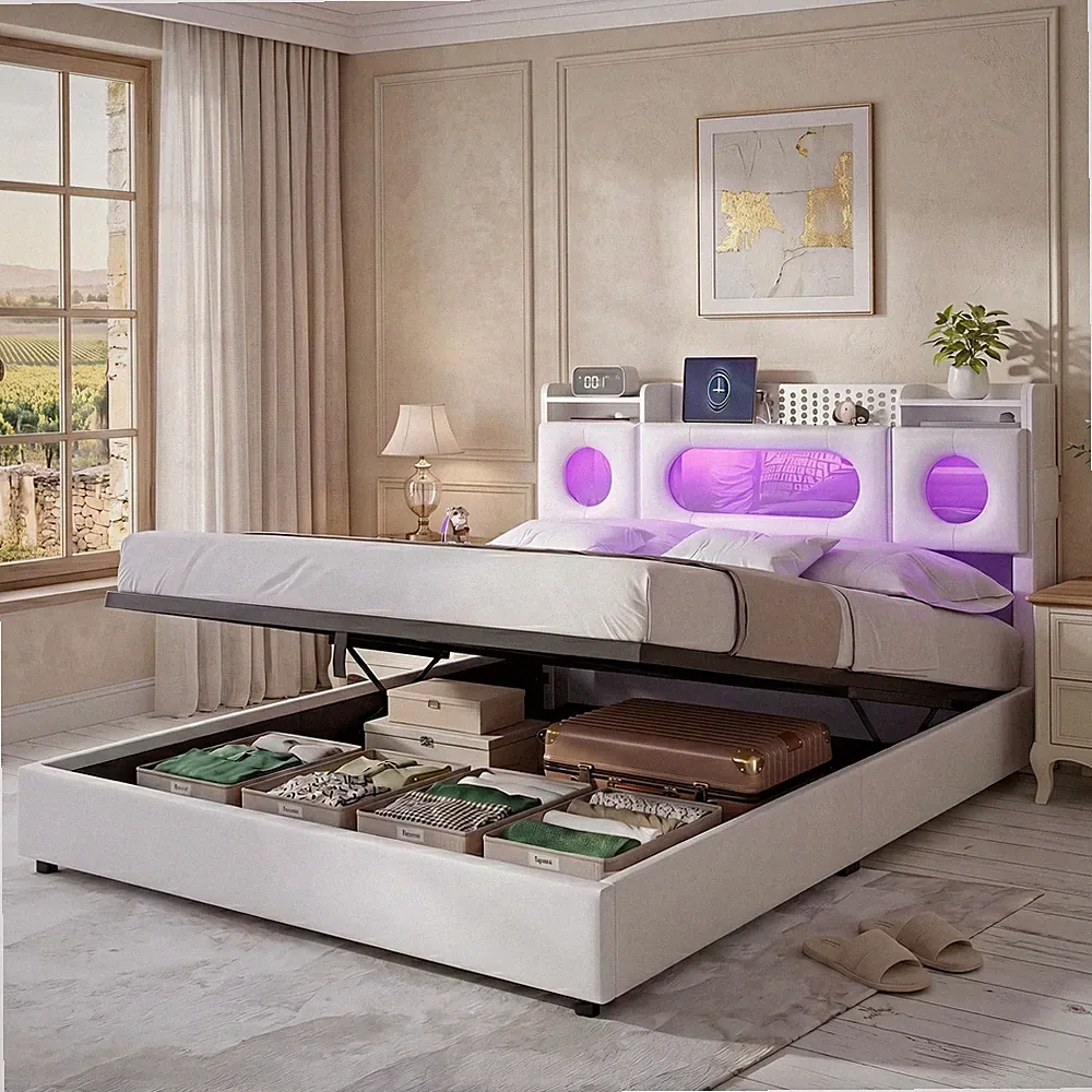Polsterbett 140x200cm Doppelbett mit LED Lattenrost Bettkasten Stauraum Kopfteil