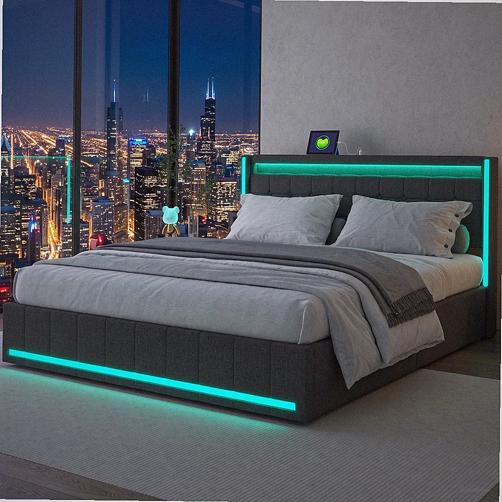 Polsterbett 140x200cm Doppelbett mit Stauraum 4 Schubladen mit LED&USB Kopfteil