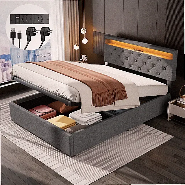 Polsterbett 140x200cm Doppelbett mit Steckdosen USB LED-Licht Boxspringbett Grau