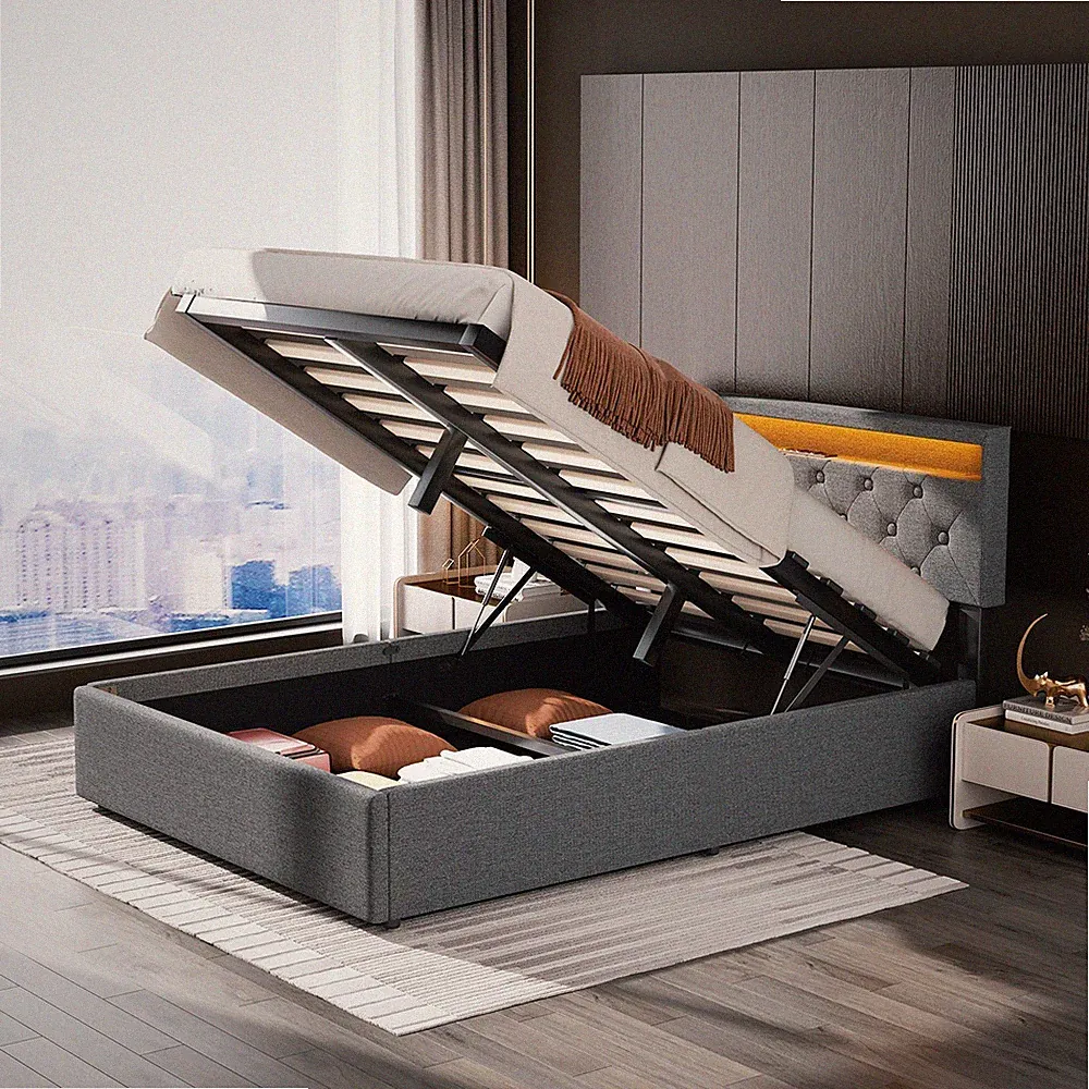 Polsterbett 140x200cm Doppelbett mit Steckdosen USB LED-Licht Boxspringbett Grau