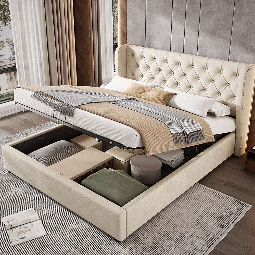 Polsterbett 140x200cm Doppelbett Staumraumbett mit Lattenrost und Stauraum Beige