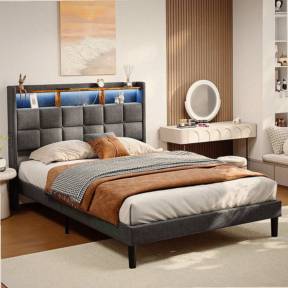 Polsterbett 140x200cm Doppelbett Stauraumbett Bettgestell mit LED/USB Lattenrost
