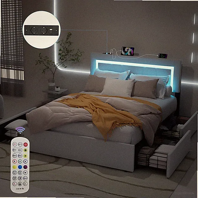 Polsterbett 140x200cm Doppelbett Stauraumbett Bettgestell mit LED/USB Tmnwgrccel