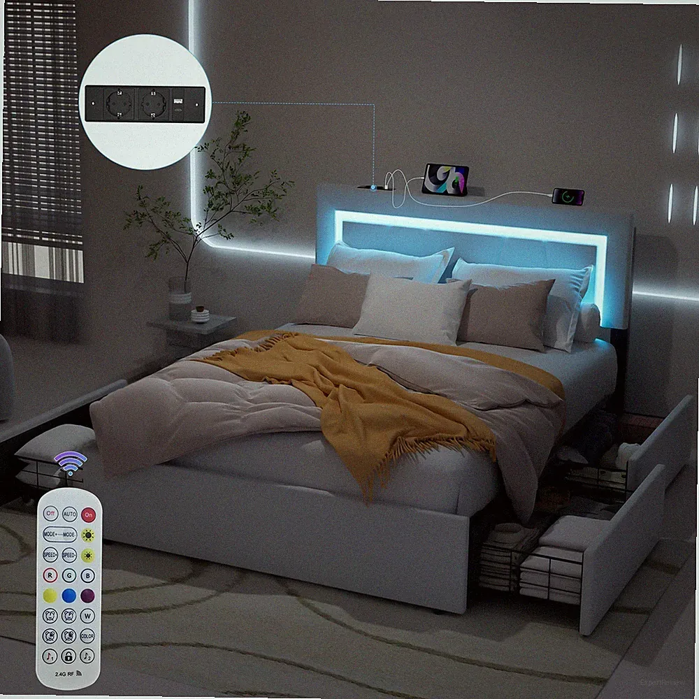 Polsterbett 140x200cm Doppelbett Stauraumbett Bettgestell mit LED/USB Tmnwgrccel