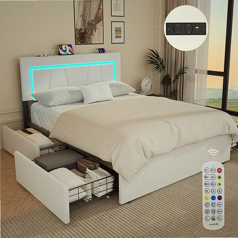 Polsterbett 140x200cm Doppelbett Stauraumbett Bettgestell mit LED/USB Tqvncptgkz