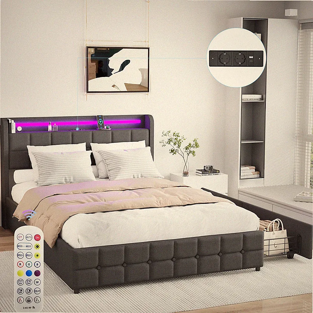 Polsterbett 140x200cm Doppelbett Stauraumbett Bettgestell mit USB/LED Lattenrost