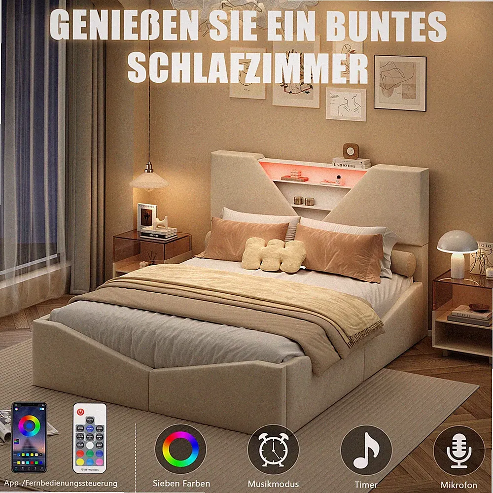 Polsterbett 140x200cm Doppelbett Stauraumbett Bettrahmen mit Lattenrost und LED