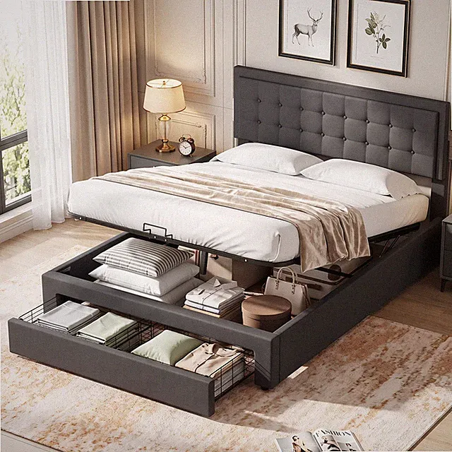 Polsterbett 140x200cm Doppelbett Stauraumbett mit Höhenverstellbar Kopfteil Holz
