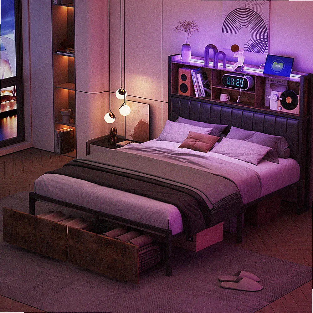 Polsterbett 140x200cm Doppelbett Streifen mit USB Bettgestell LED Lattenrost