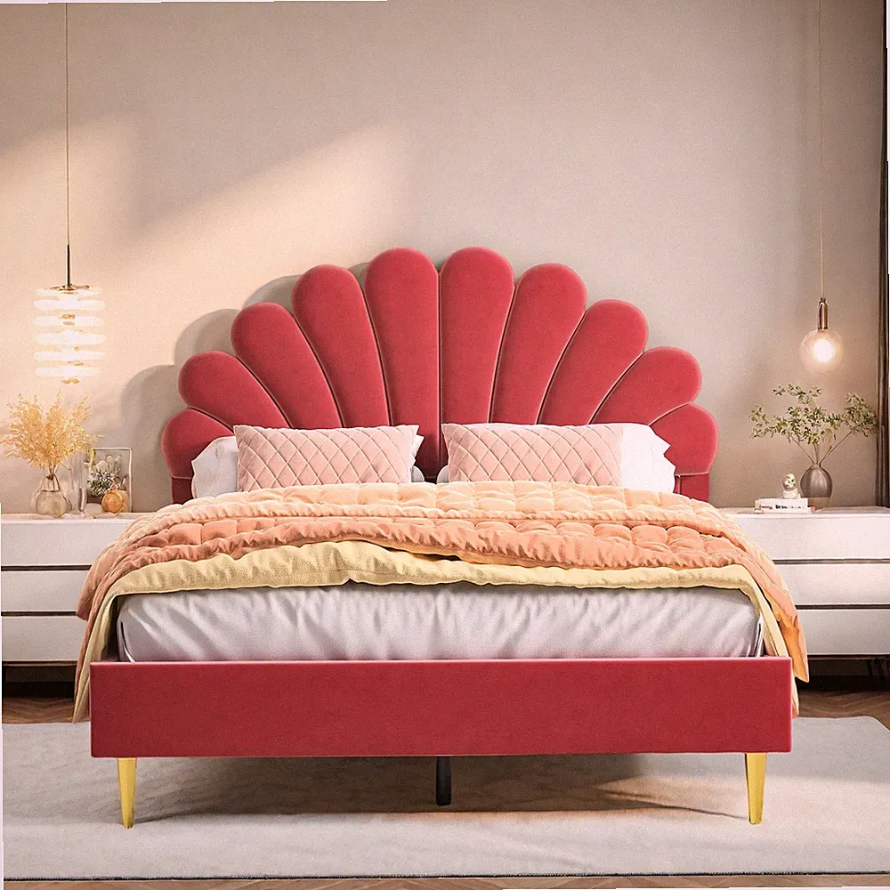 Polsterbett 140x200cm, Jugendbett,Bettgestell mit-Kopfteil in Blumenform,Weinrot