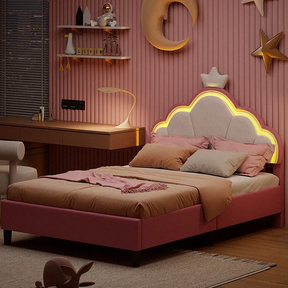 Polsterbett 140x200cm Kinderbett Doppelbett Bettgestell Jugendbett mit LED Rosa