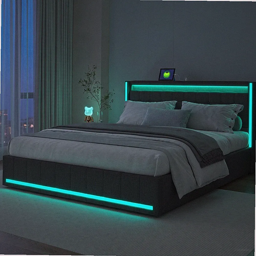 Polsterbett 140x200cm mit 4 Schubladen Stauraum mit LED&USB Kopfteil Doppelbett