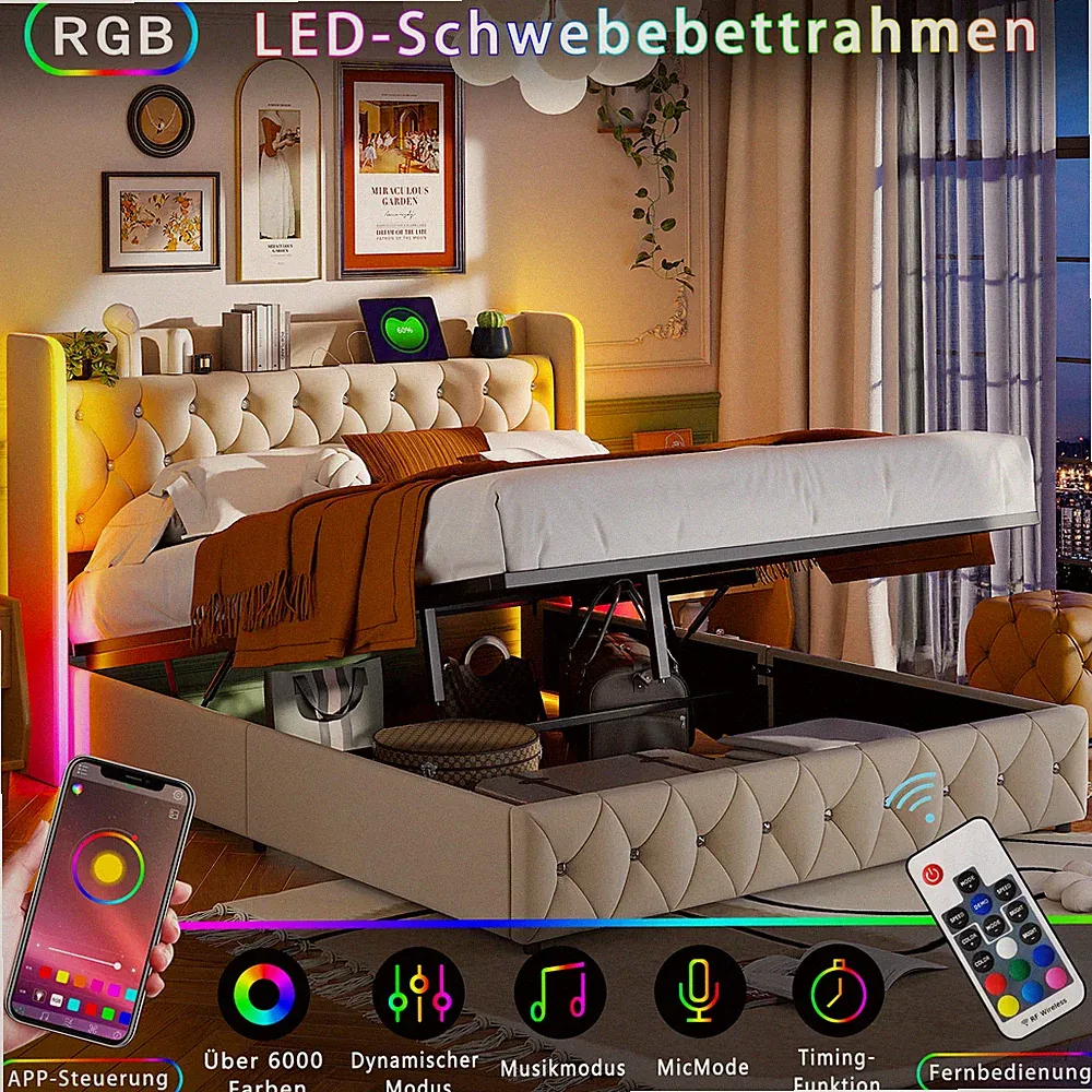 Polsterbett 140x200cm mit LED Beleuchtung Aufbewahrung Doppelbettrahmen Beige