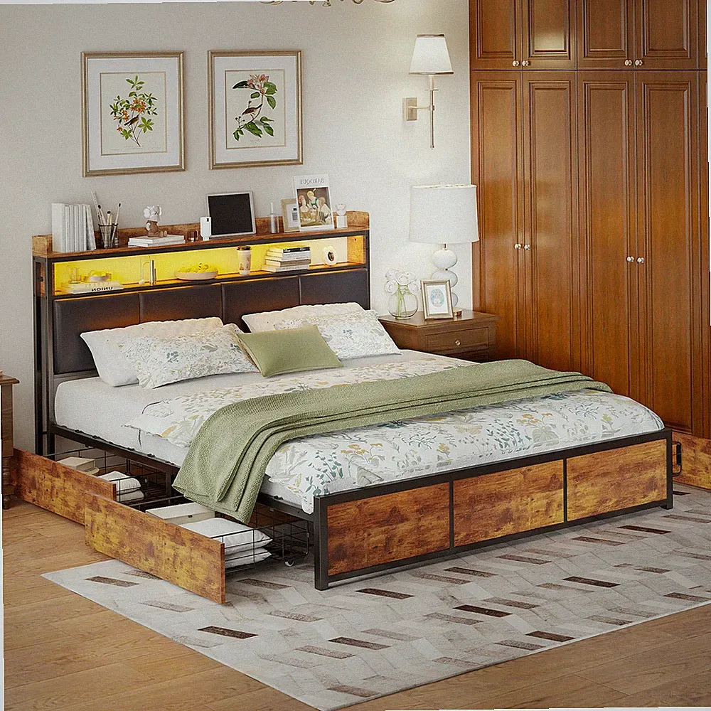 Polsterbett 140x200cm mit LED,Jugendbett Doppelbett mit Stauraum Lattenrost,PU
