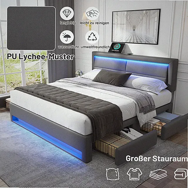 Polsterbett 140x200cm,mit USB-Anschluss,LED-Beleuchtung und vier Schubladen