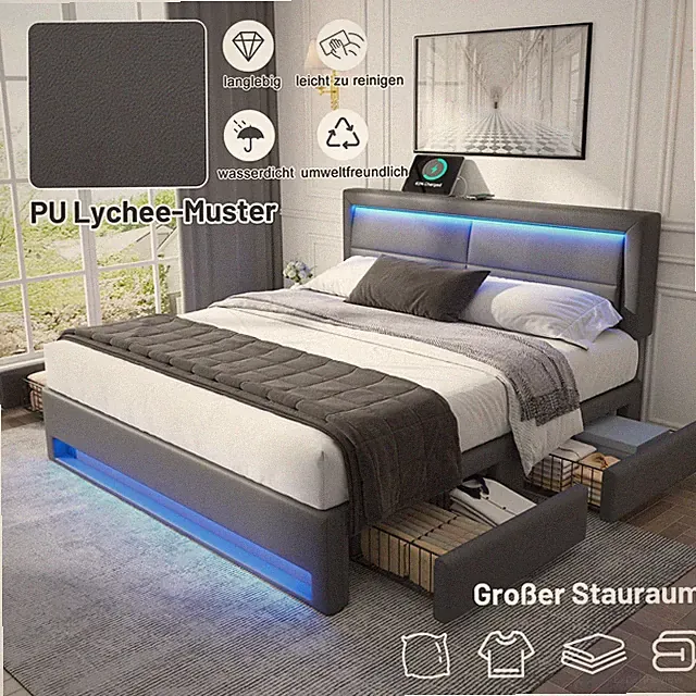Polsterbett 140x200cm,mit USB-Anschluss,LED-Beleuchtung und vier Schubladen