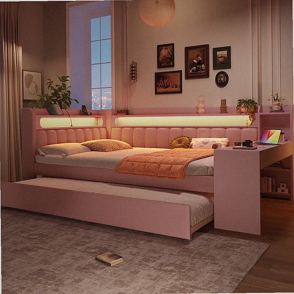 Polsterbett 140x200cm Rosa mit LED USB Ausziehbett 90x190 Schreibtisch
