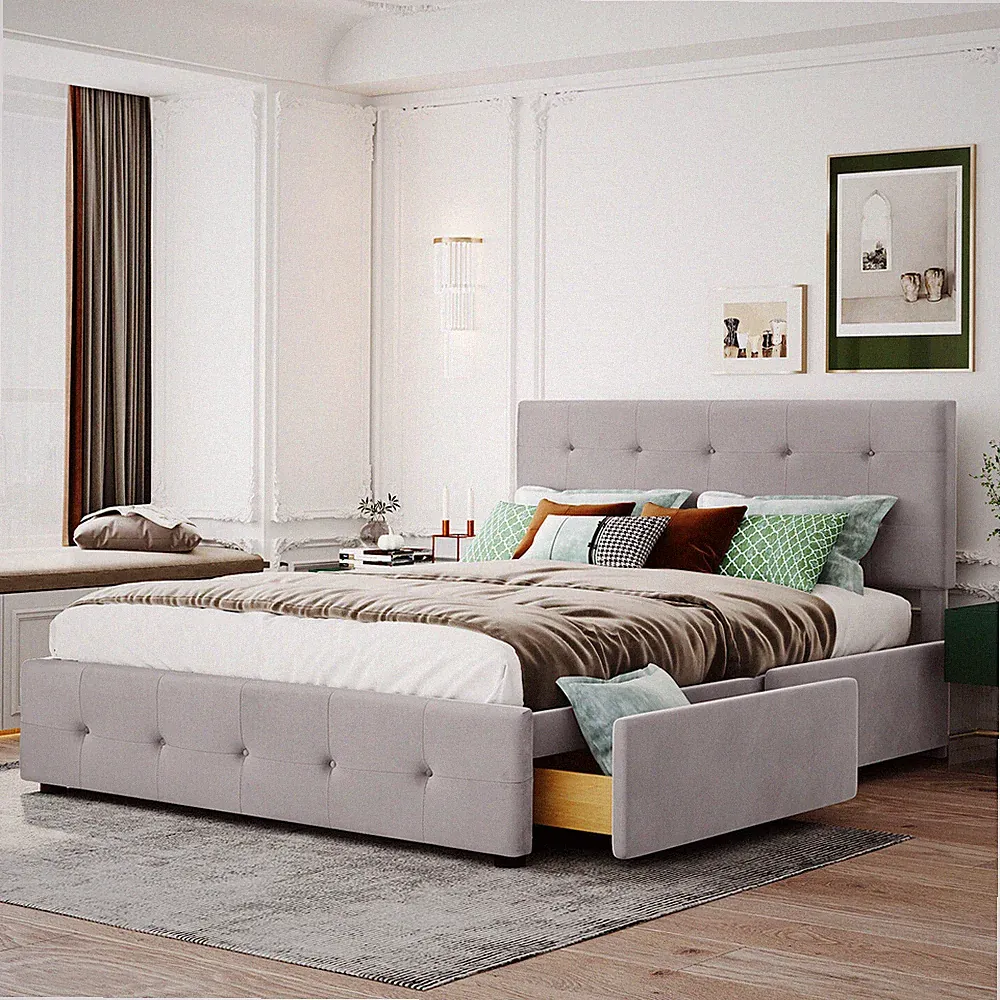 Polsterbett 140x200cm Samt Doppelbett Bettgestell mit Schubladen und Lattenrost