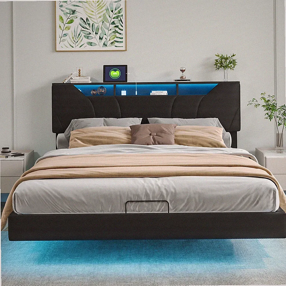 Polsterbett 140x200cmDoppelbett aus Kunstleder Bettrahmen mit Bettkasten LED&USB