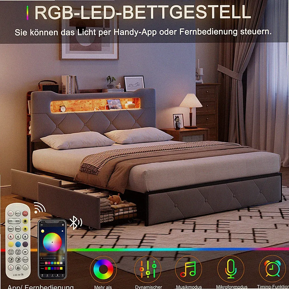 Polsterbett 160/140x200 Bettgestell mit Lattenrost Stauraum USB LED Doppelbett