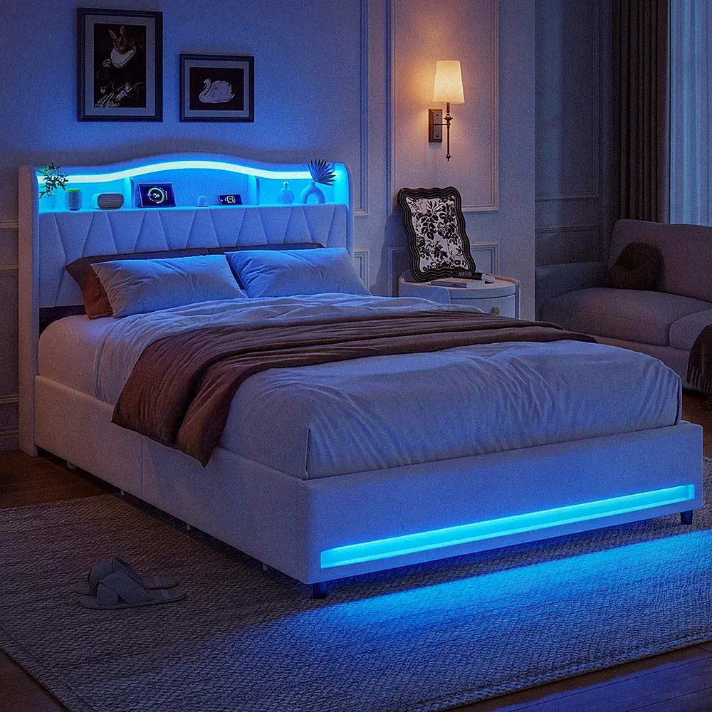 Polsterbett 160/140x200cm Bettgestell mit Lattenrost Stauraum USB LED-Doppelbett