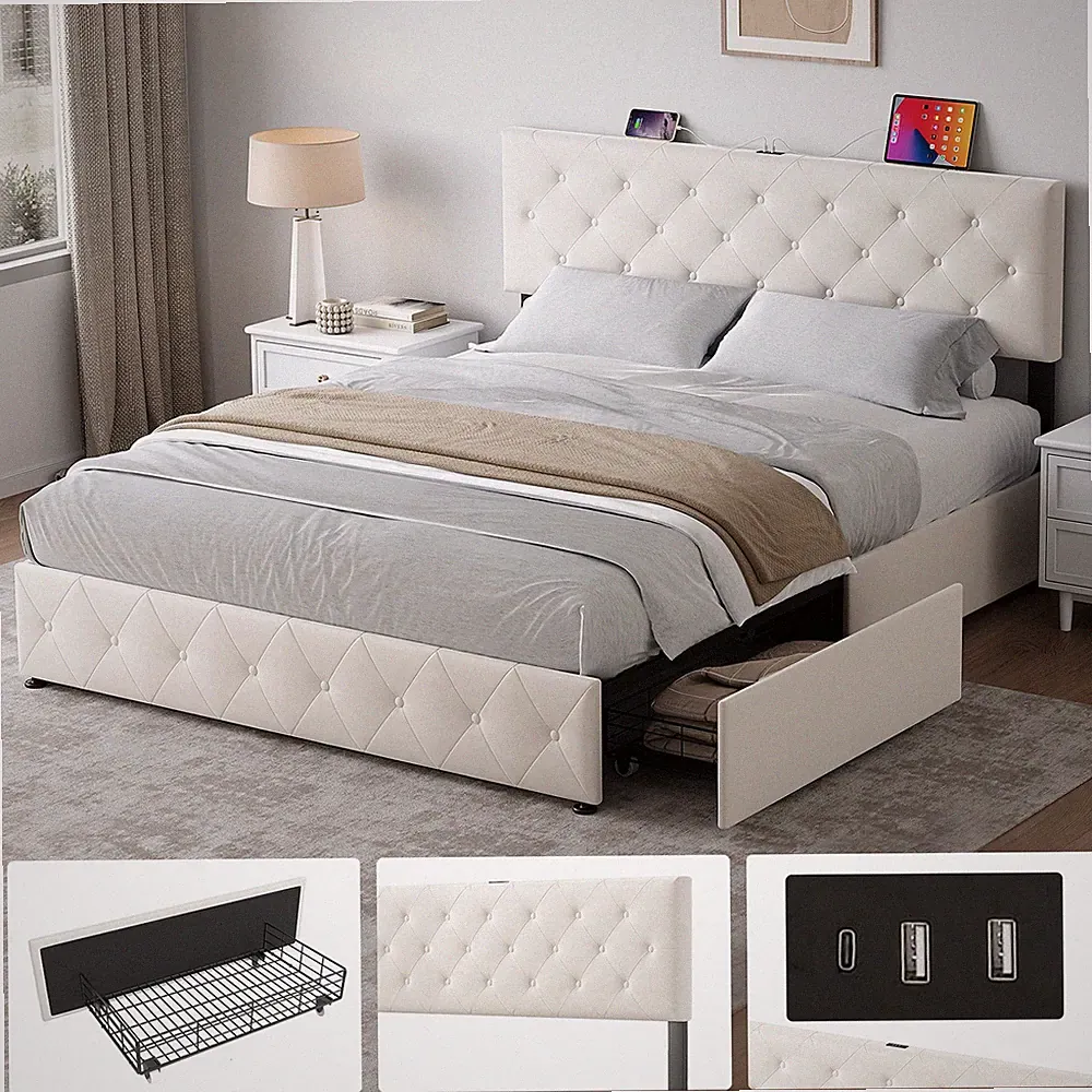 Polsterbett 160/140x200cm Doppelbett Stauraumbett Bettgestell mit USB Lattenrost