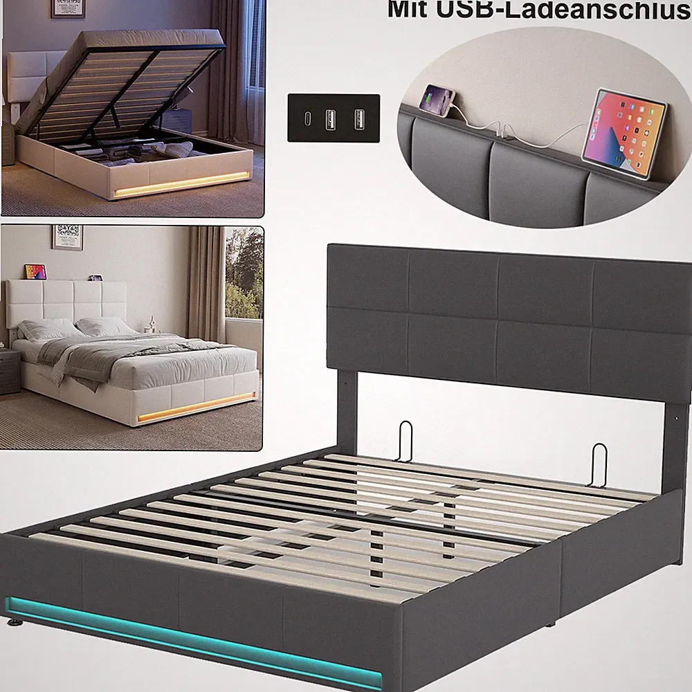 Polsterbett 160×200 Bett Lattenrost Doppelbett mit Stauraum Bettgestell LED/USB