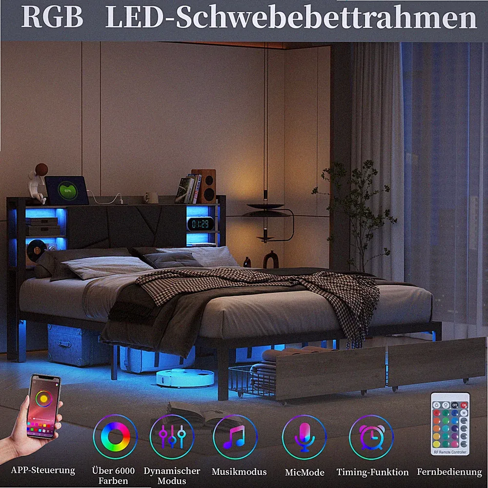 Polsterbett 160*200 cm Doppelbett mit LED Bettgestell Jugendbett mit Lattenrost