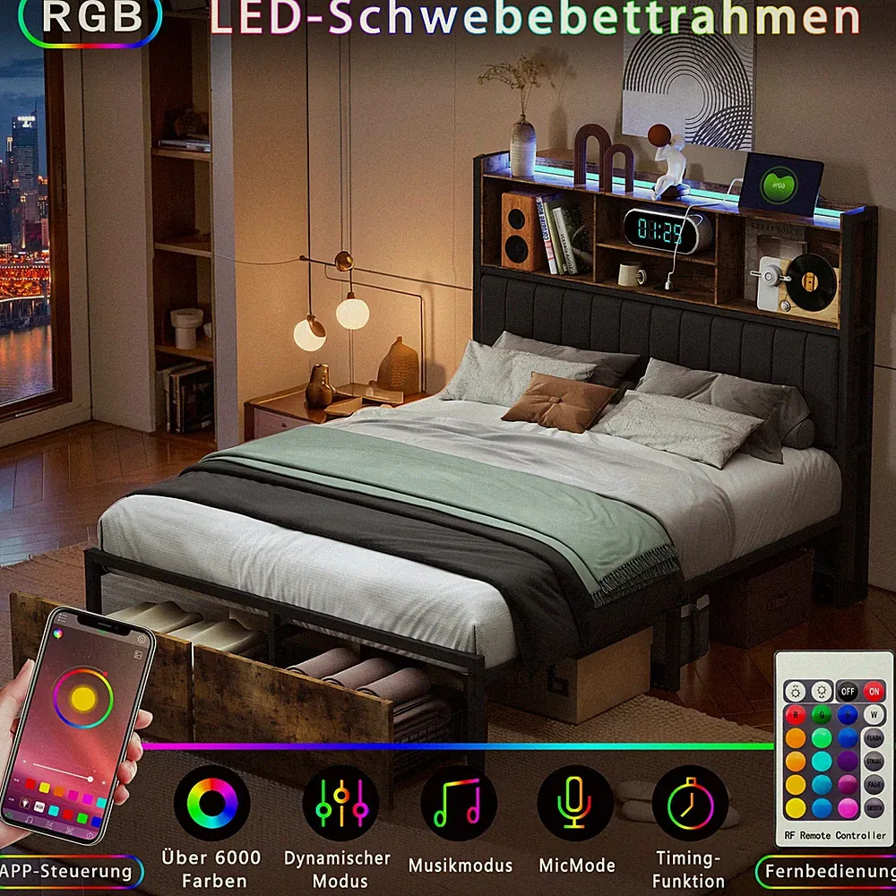 Polsterbett 160 × 200cm Doppelbett Bettgestell mit Stauraum USB LED Lattenrost
